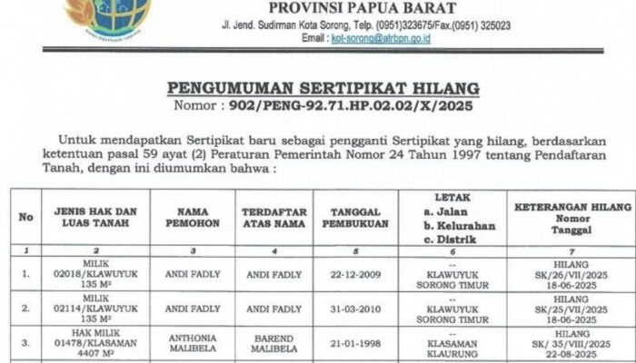 Informasi Sertifikat Tanah Hilang, BPN: Masyarakat Dapat Ajukan Keberatan Pergantian Sertifikat Hilang