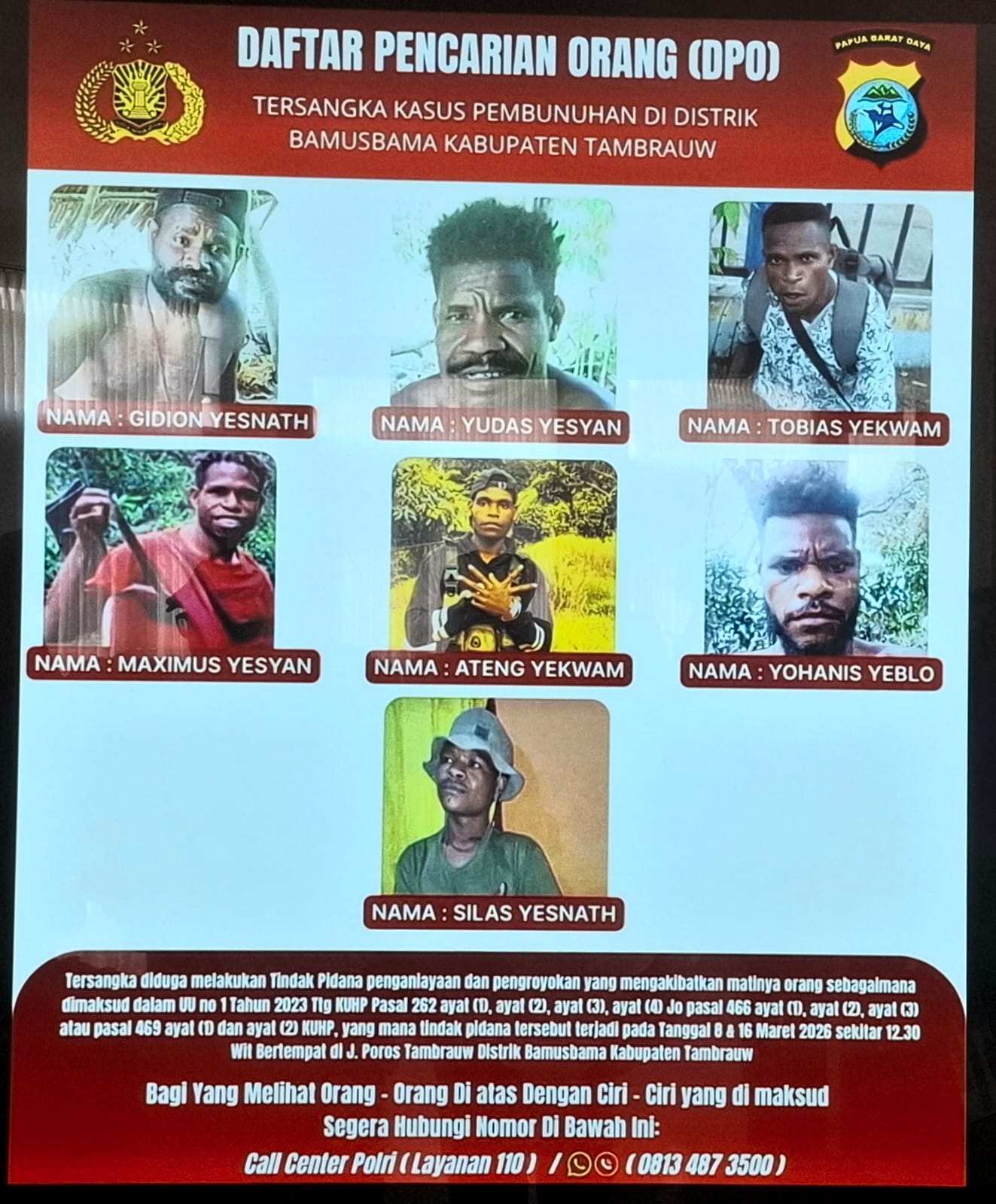 Polda PBD Tetapkan 1 Tersangka Pembunuhan 2 Warga  di Tambrauw, 7 Orang Masuk DPO