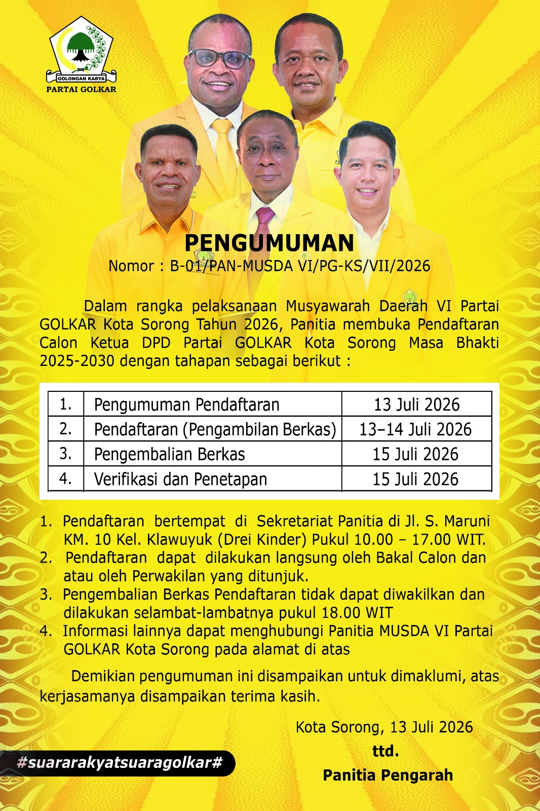 Buka Pendaftaran: SC Ajak Kader Golkar Daftar Sebagai Calon Ketua DPD Kota Sorong