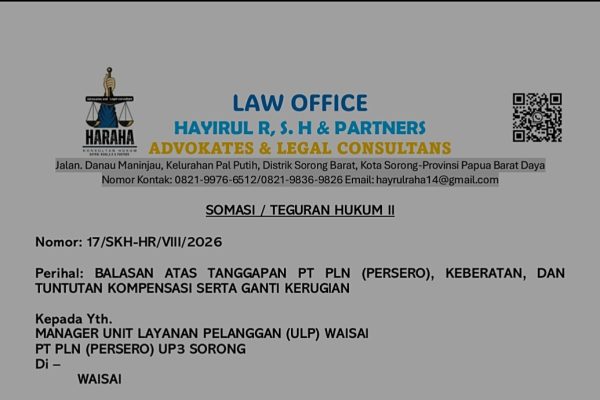 Somasi Kedua Dilayangkan, Kuasa Hukum Minta PLN Transparan Soal Gangguan Listrik Pedagang Waisai