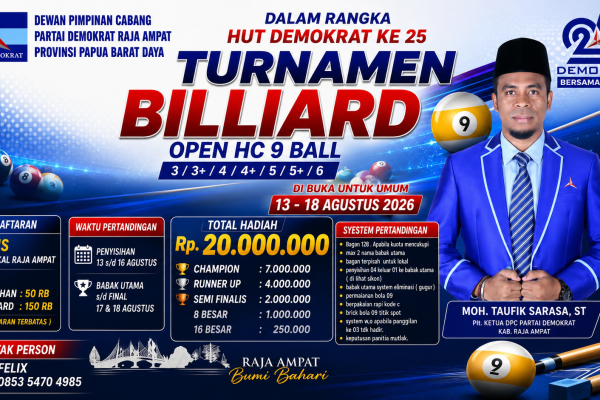 Sambut HUT RI ke-81 dan HUT Demokrat ke-25, DPC Demokrat Raja Ampat Gelar Turnamen Billiard