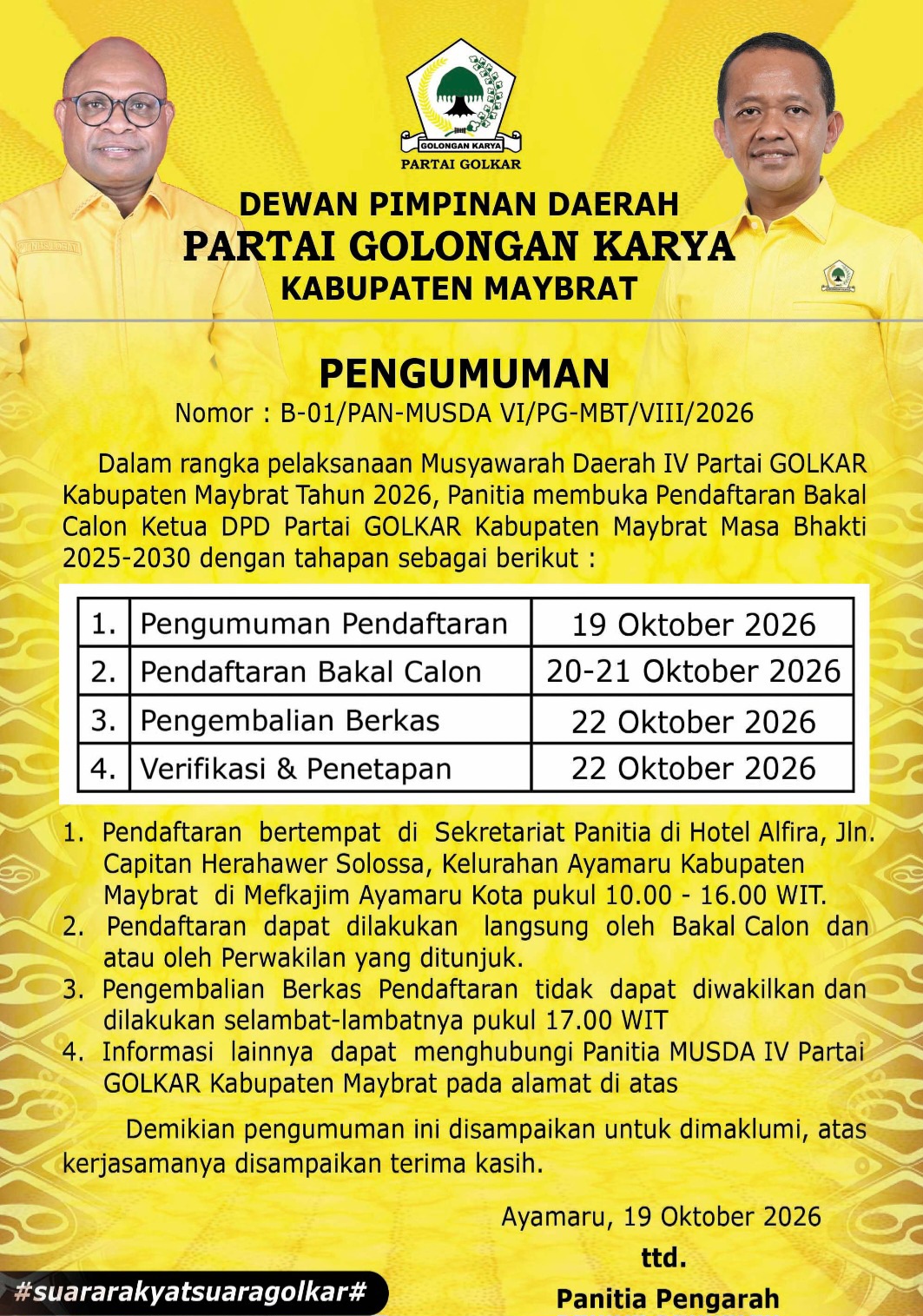 Partai Golkar Maybrat Buka Pendaftaran Calon Ketua DPD, Ini Jadwal dan Tahapannya